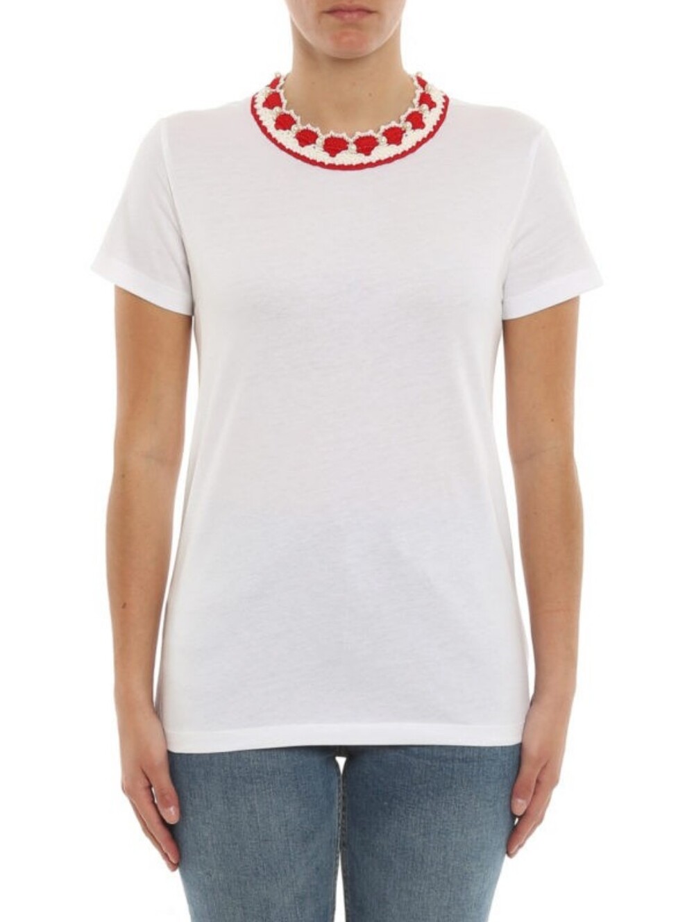 Pinko Tenace SS Tee with Red Pearl Embellished Crochet Neckline Sz S NWT